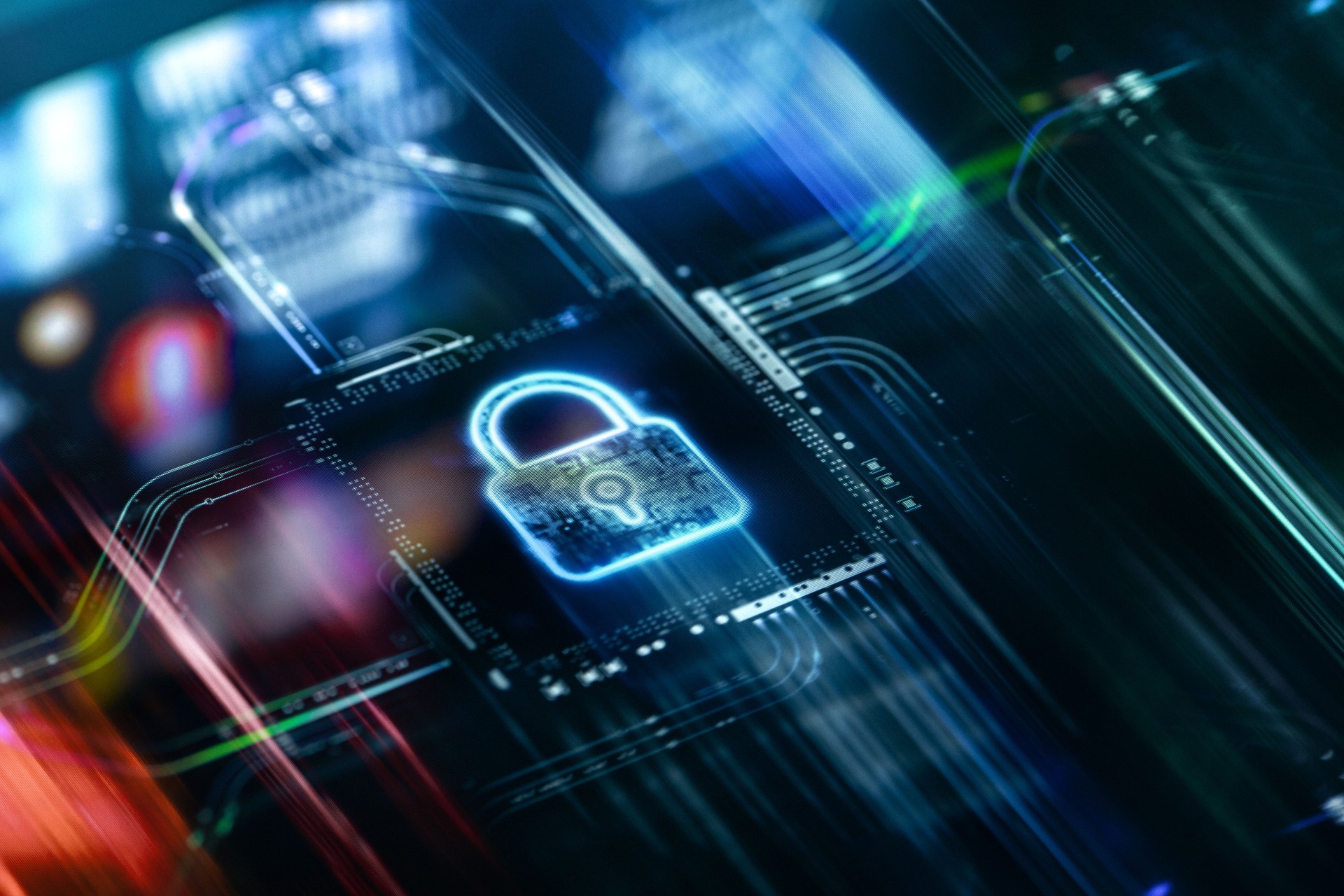 Cyber Security Visual With Neon Lock And Digital Circuits For Data Protection And Encryption